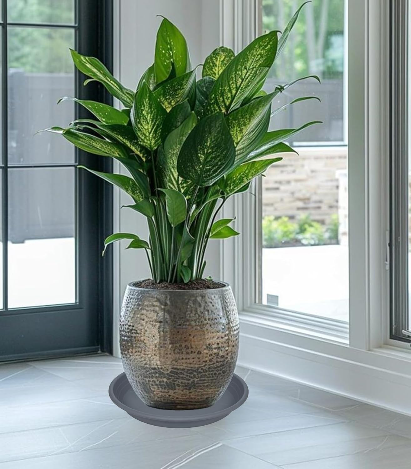 4 Pack of 16 inch Plant Saucer, Large Plant Tray, Heavy Sturdy Plant Drainage Tray for Indoors, Bird Bath Bowls, Sturdy Plastic Pot Tray for Planter 14 15 16"(Gray)