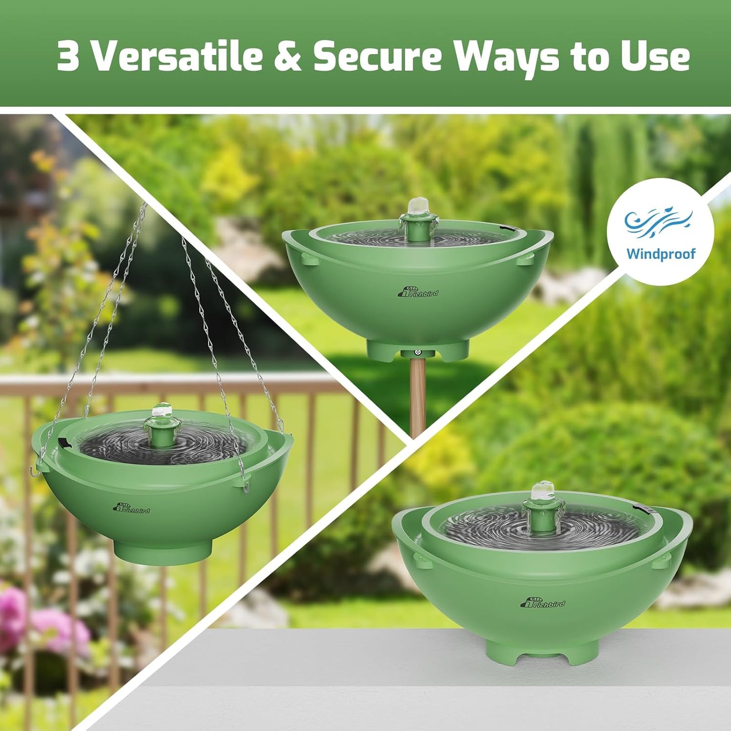 Solar Bird Bath Fountain with Battery, 3-in-1 Hanging & Freestanding Birdbath with Low-Water Protection & 3 Nozzles for Garden, Patio Decor (Forest Green)