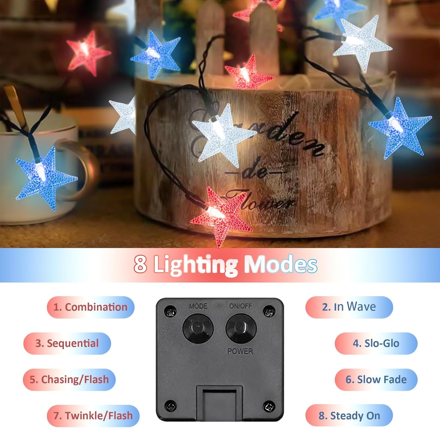 4th of July Twinkle Solar Star String Lights Decorations Outdoor Waterproof Fairy Lights 39FT Red White and Blue 100 LED with 8 Lighting Modes for Independence Day President Day Memorial Day