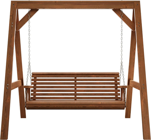 Amish Casual 5 Foot Roll Back Swing with A-Frame Stand in Oak - Freestanding Wood Porch Swing for Patio, Yard or Garden