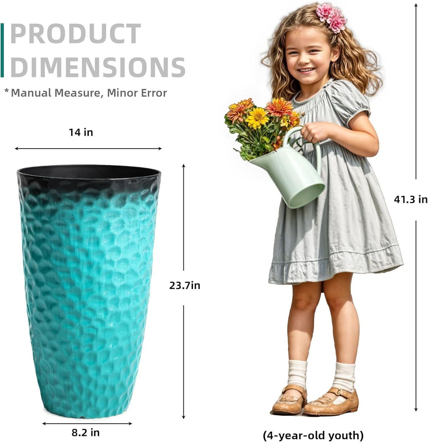 23.75" H Large Tall Outdoor Planters, Set of 2 Plastic Large Flower Pots for Outdoor Plants, with Turquoise Teal Honeycomb Texture, Weather-Resistant for Porch, Garden, Patio or Indoor Use