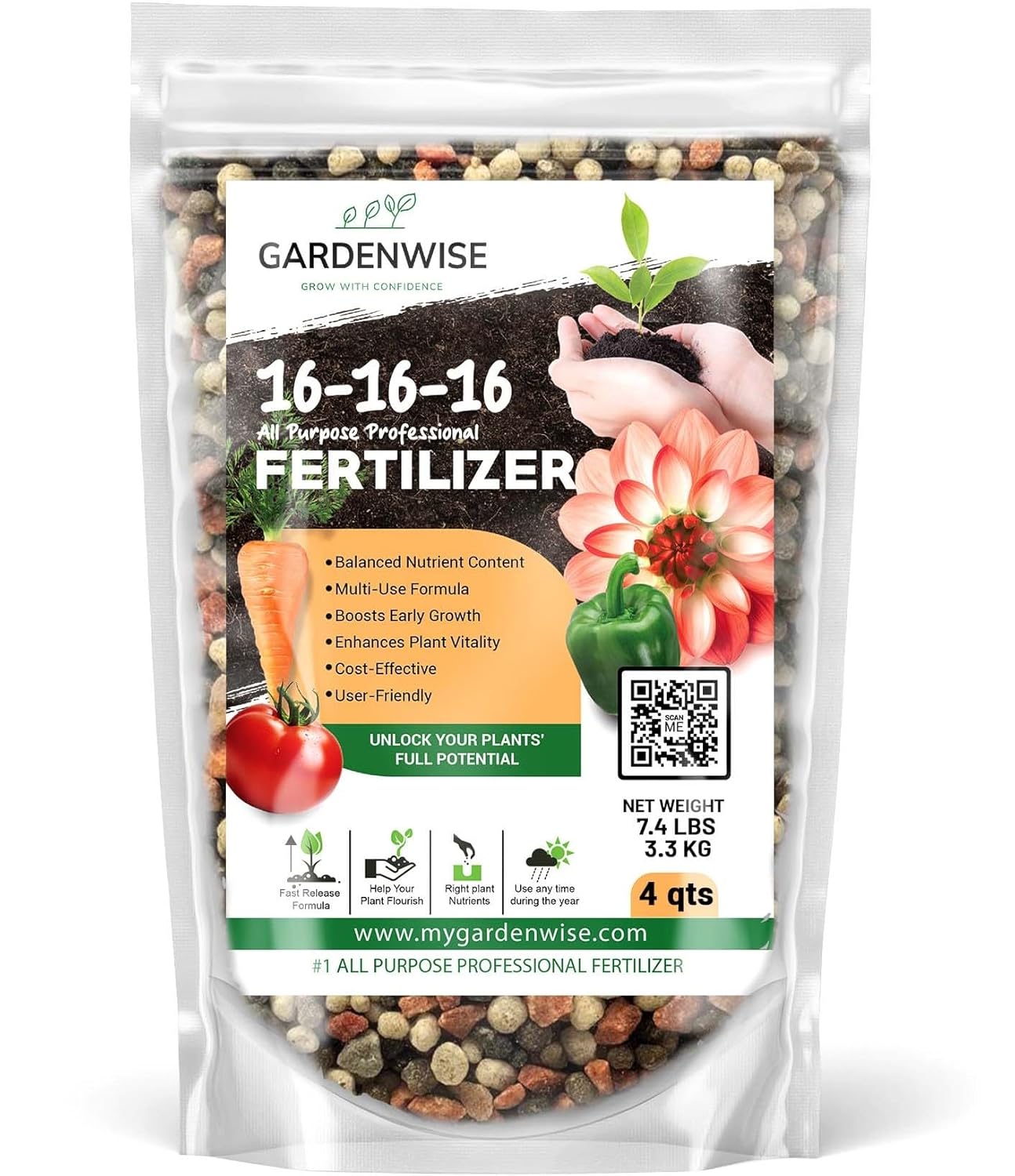 16-16-16 All Purpose Professional Fertilizer - Lawn & Flower & Tree & Shrub & Vegetable Garden Fertilizer (4 QUARTS)