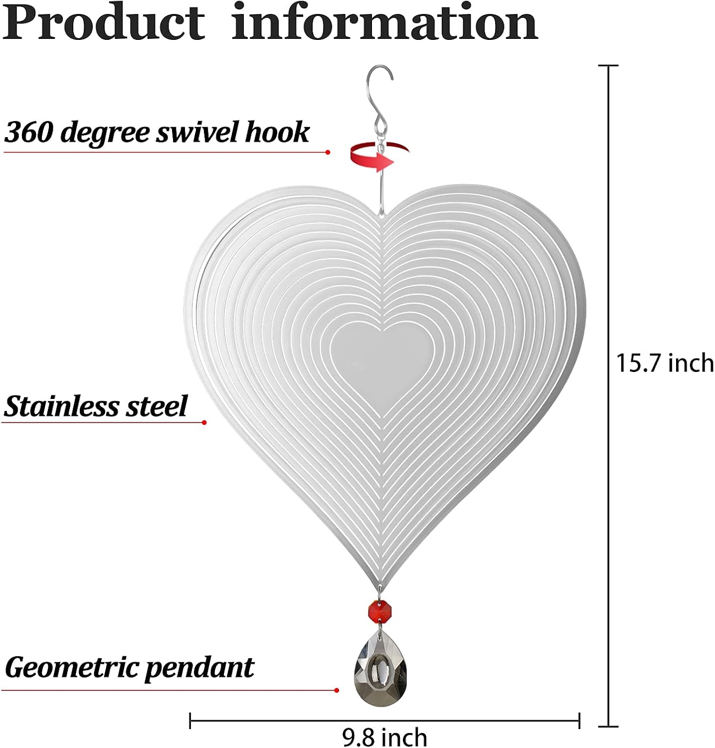 Wind Spinner, Hanging Wind Sculptures,Wind Spinners for Yard and Garden Decor,Yard Decorations Outdoor,Hanging Art Ornaments for Garden Yard Balcony Decor (Silver Heart)