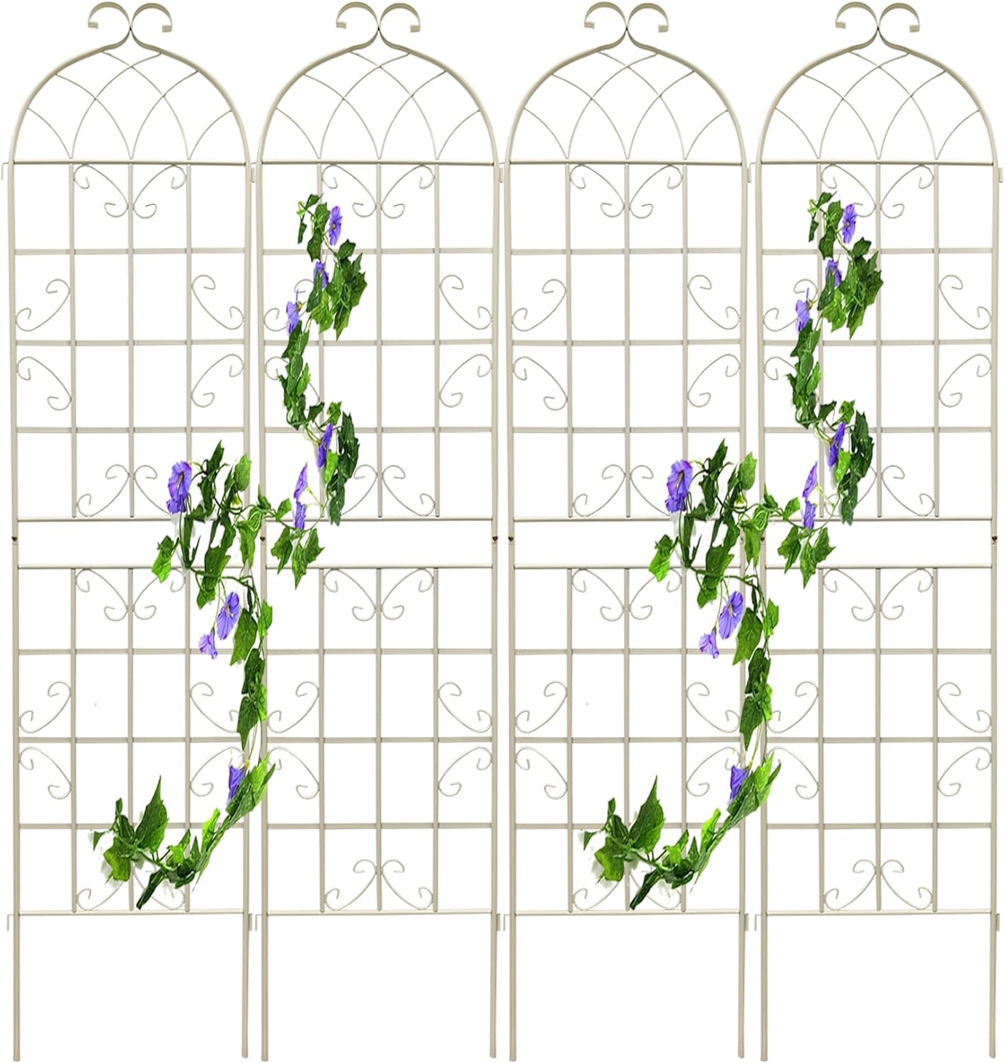 4 Pack Metal Garden Trellis for Climbing Plants, 86.7" Tall Rustproof Outdoor Trellis Panel with Vine Design, Decorative Black Iron Plant Support for Vine, Rose, Flower, Garden Wall, White