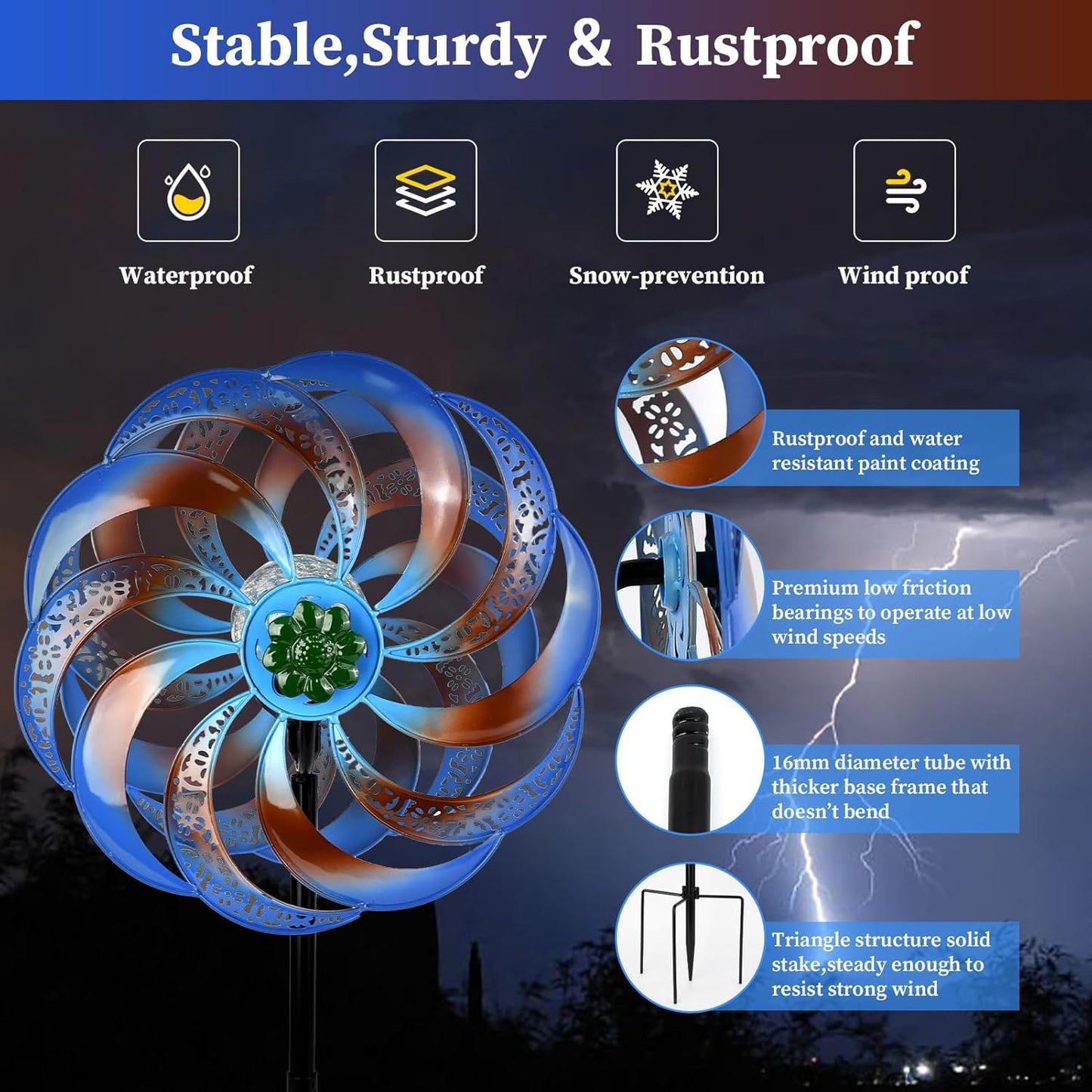 Wind Spinners Outdoor Clearance for Yard and Garden Metal Wind Spinners Outdoor 75 in Kinetic Art with Solar Powered Multi-Color Glass Ball Light for Backyard Lawn Decorations