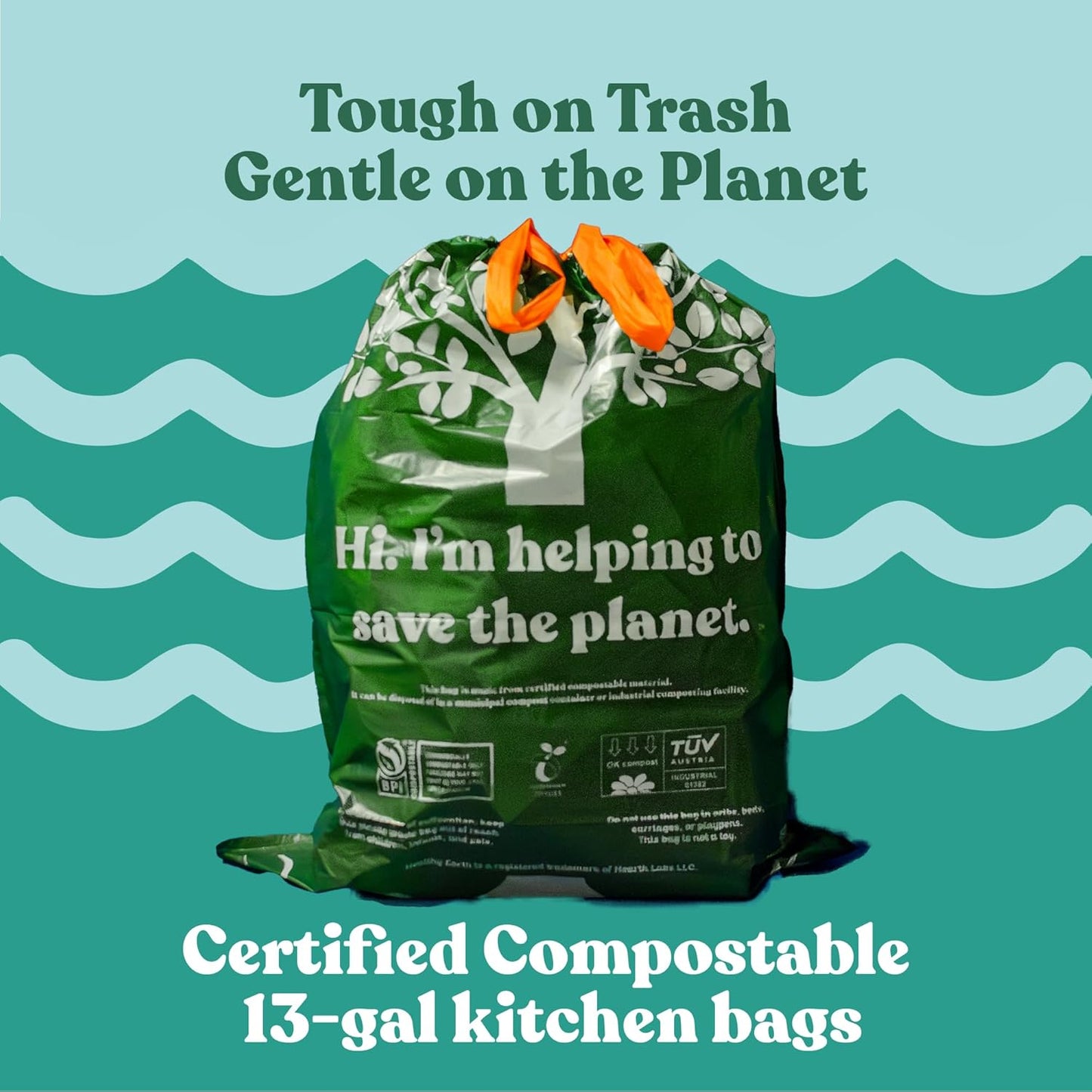 Healthy Earth 13 Gallon Compostable Trash Bags – Tall Kitchen Garbage Bags with Drawstring Handles, Extra Thick Plant-Based Liners, BPI & TÜV Certified ASTM D6400, Heavy Duty Leak-Proof (60 Count)