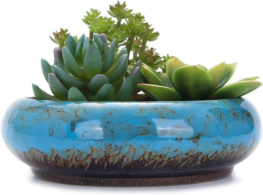 VanEnjoy 7.3 inch Round Large Shallow Succulent Ceramic Glazed Planter Pots with Drainage Hole, Bonsai Pots Garden Decorative Cactus Stand Flower Container (blue)