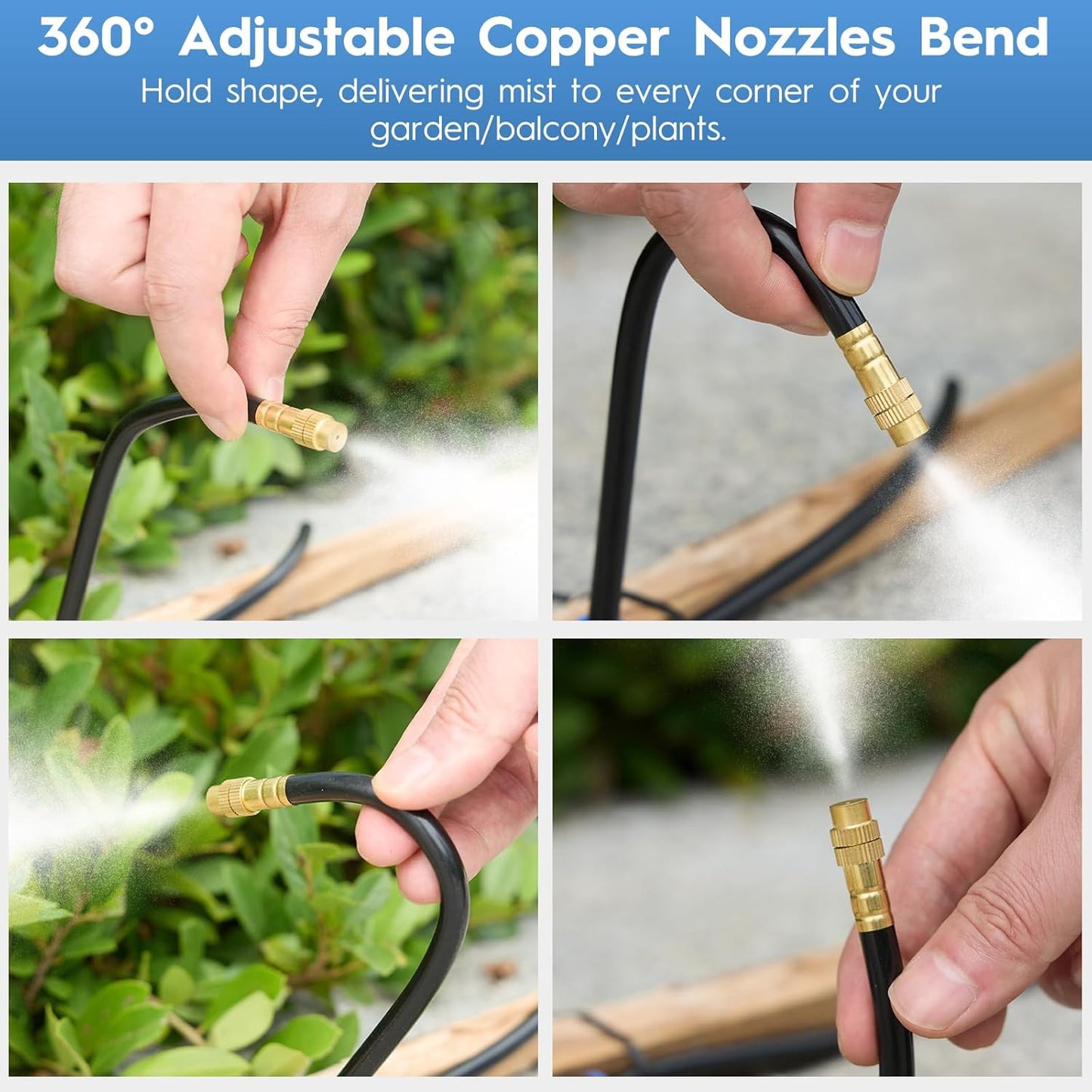 360° Automatic Drip Irrigation Kit - 5/16'' Tubing, Adjustable Universal Spray Nozzle, Copper Atomizing System for Garden/Lawn/Greenhouse - Multi-Directional Rotation, Quick Connectors, 82FT