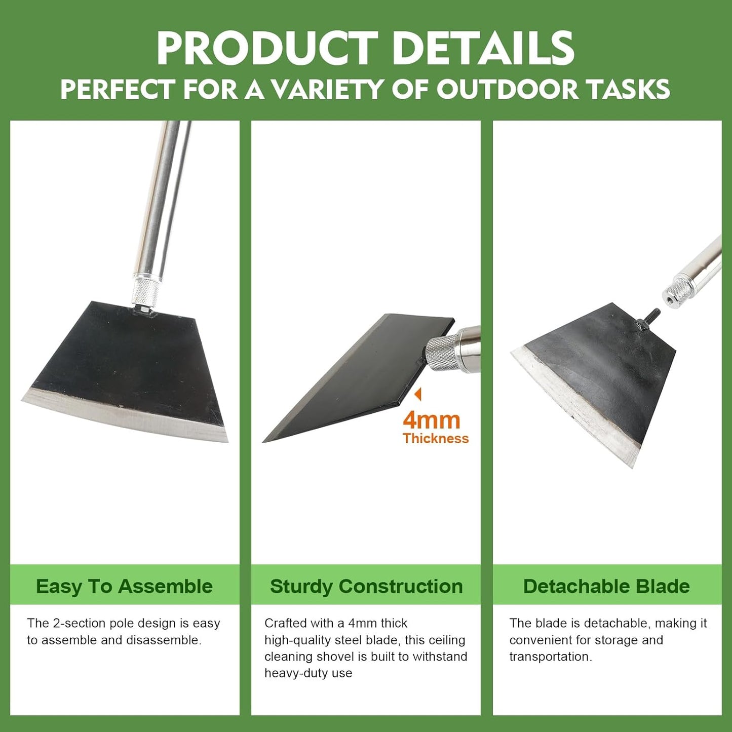 84" Garden Shovel Cleaning Floor Scraper, Weed Removal Tool, Long Handle with Heavy Duty Sharp Blade for Ice Roof Back Yard Sidewalk Grass Walls Glass Tile Painting Stripping Tools