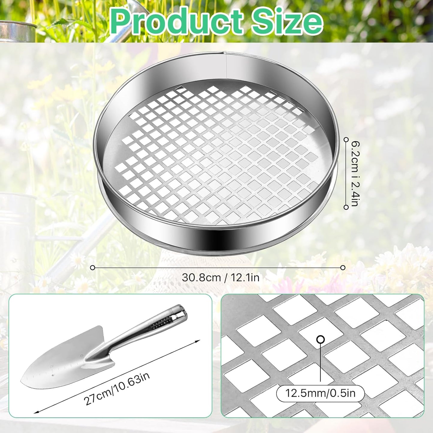 Soil Sifter for Gardening, Soil Sifter and Shovel Set, 11.8'' Stainless Steel Sand Sifter for Gardening, Dirt Sifter Strainer for Sand Rocks Dirt Seed Compost