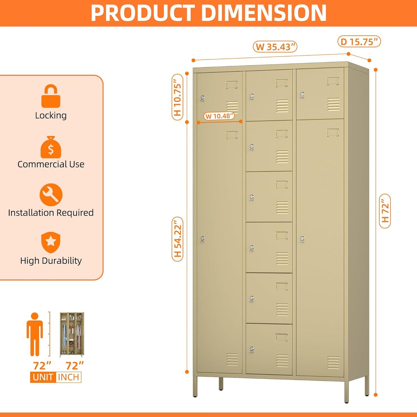 72" H Metal Storage Lockers with Doors,Industrial Combination Employee Lockers with Hooks for Office,Home Gym,School,Assembly Required,8+2Doors,Camel