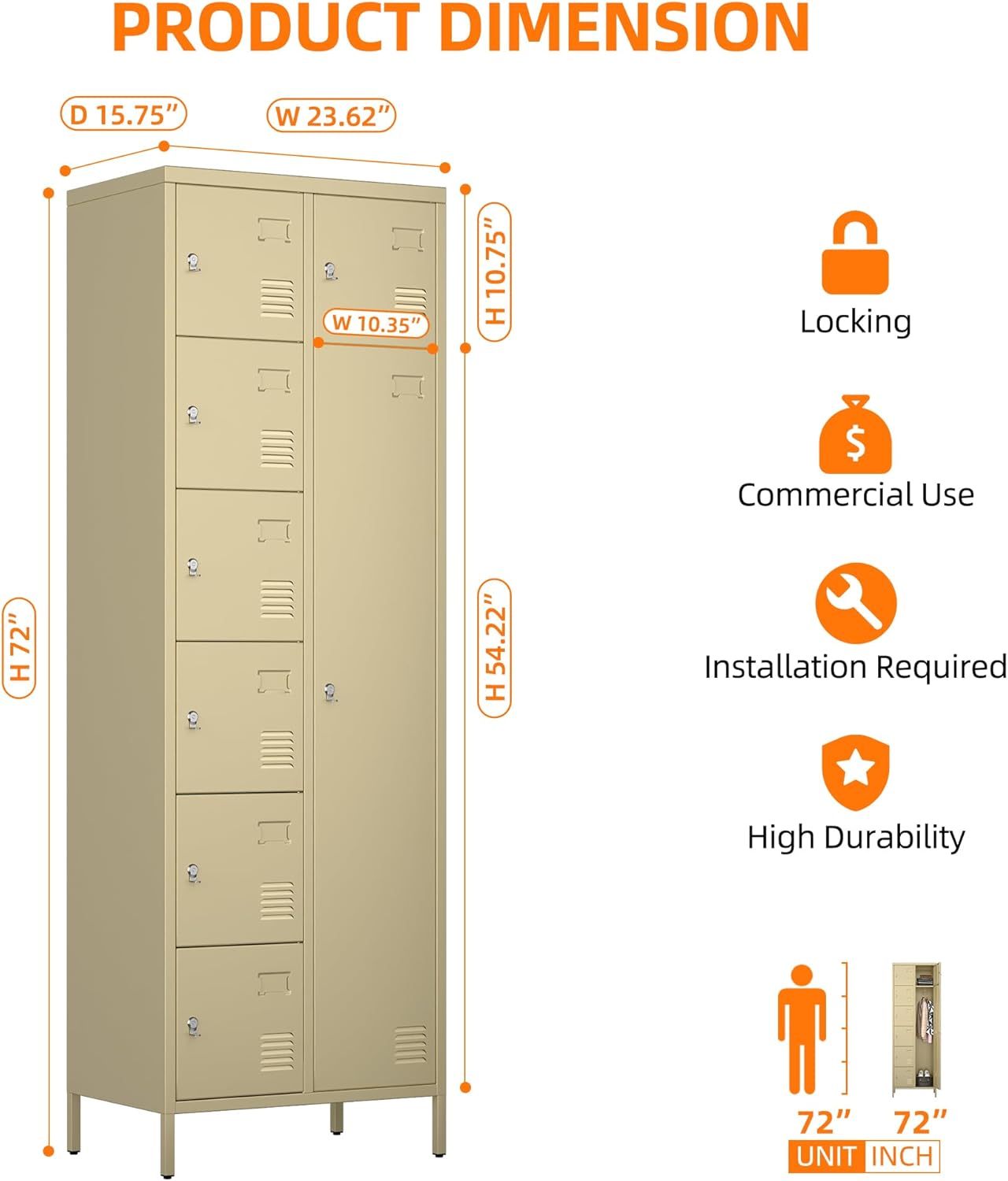 72" H Metal Storage Lockers with Doors and Rod,Industrial Combination Employee Lockers for Office,Home Gym,School,Assembly Required,7+1Doors,Camel