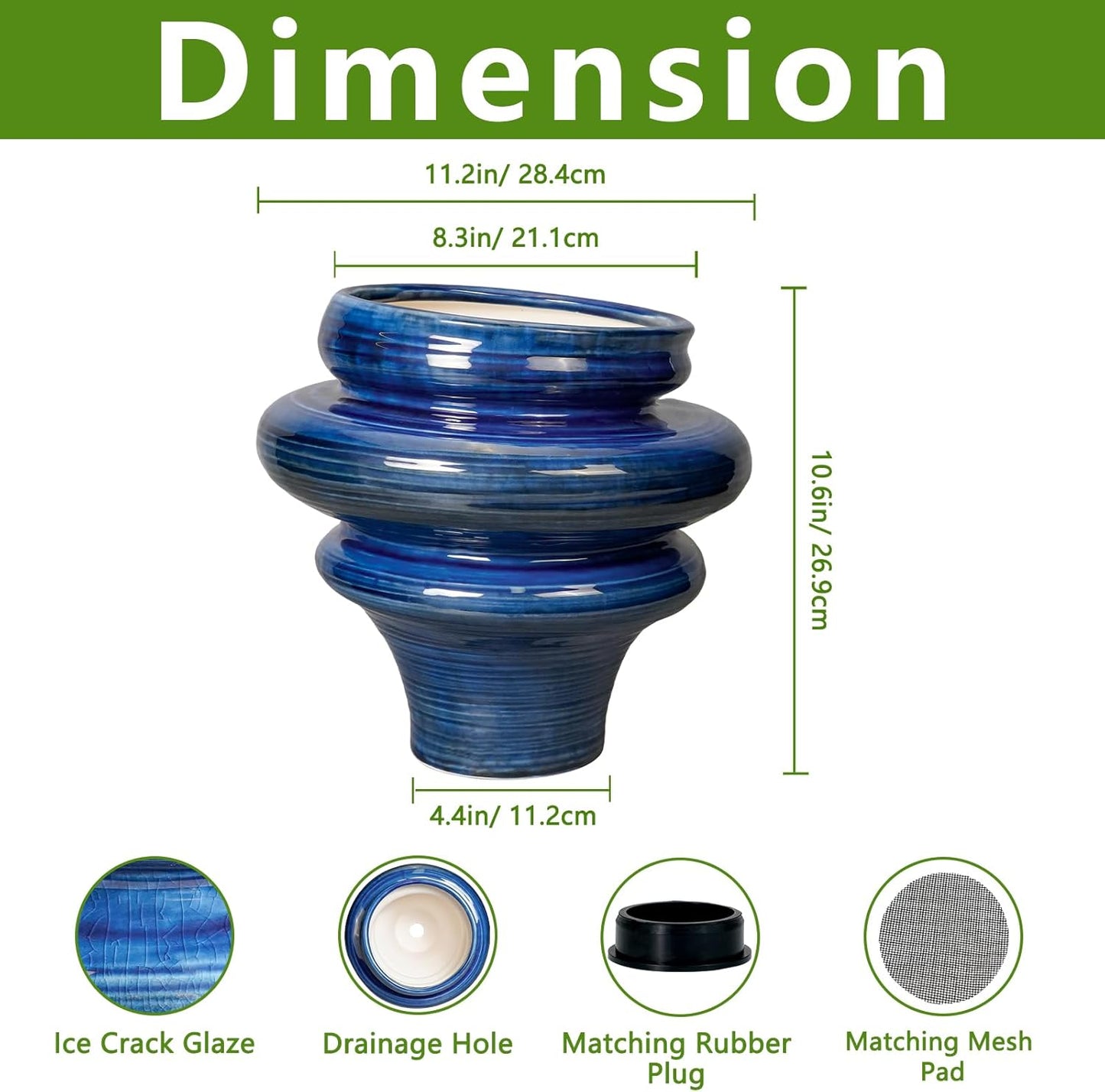 Ceramic Pots for Plants - 11 Inch Ceramic Planter with Drainage Hole, Unique Planters for Indoor Outdoor, Large Decorative Flower Pot, Home Office Room Decor, Gifts for Plants Lover, Blue