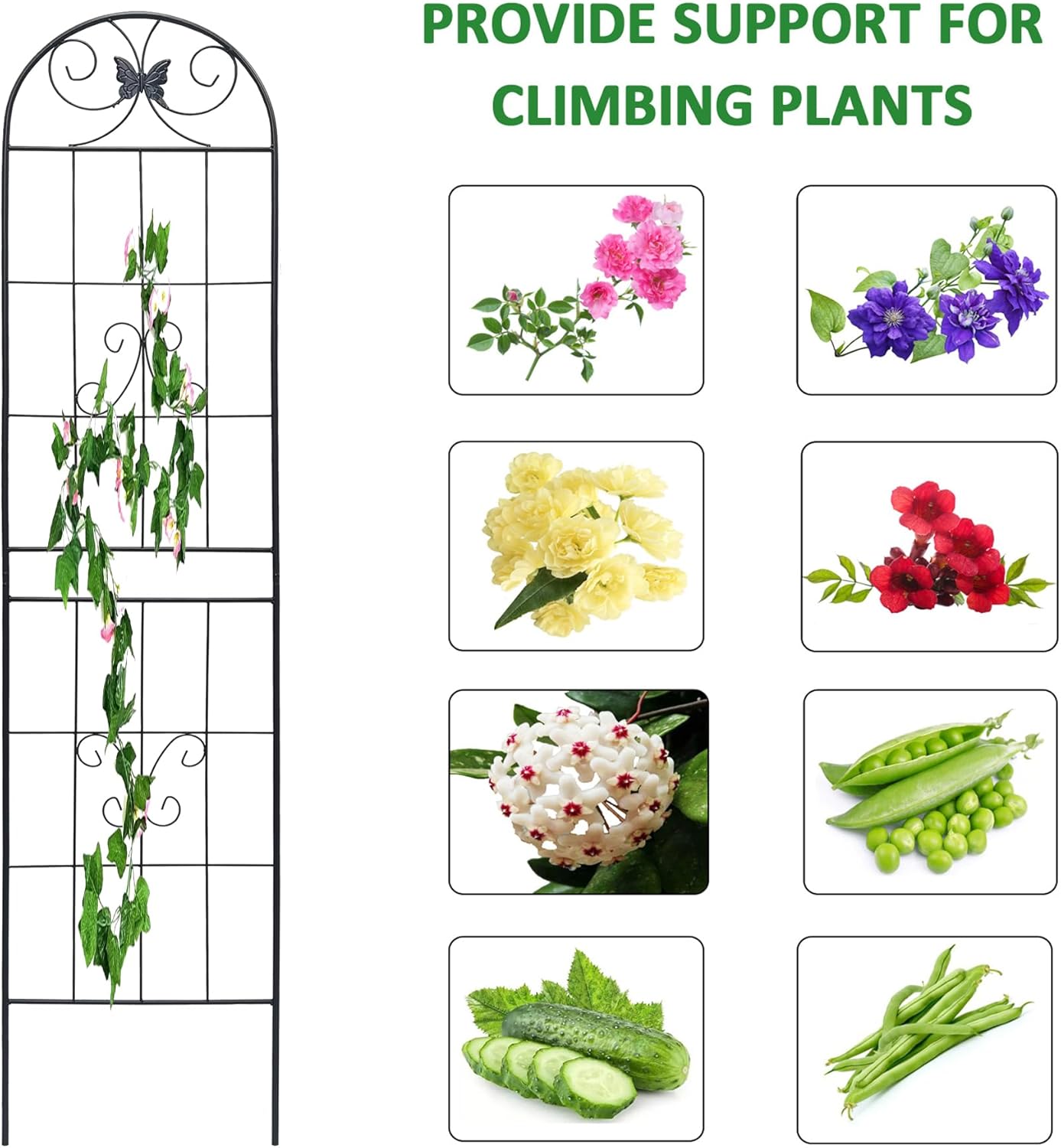 4 Pack Metal Garden Trellis for Climbing Plants, 86.7" Tall Rustproof Outdoor Trellis Panel with Line Butterfly Design, Decorative Black Iron Plant Support for Vine, Rose, Flower, Garden Wall