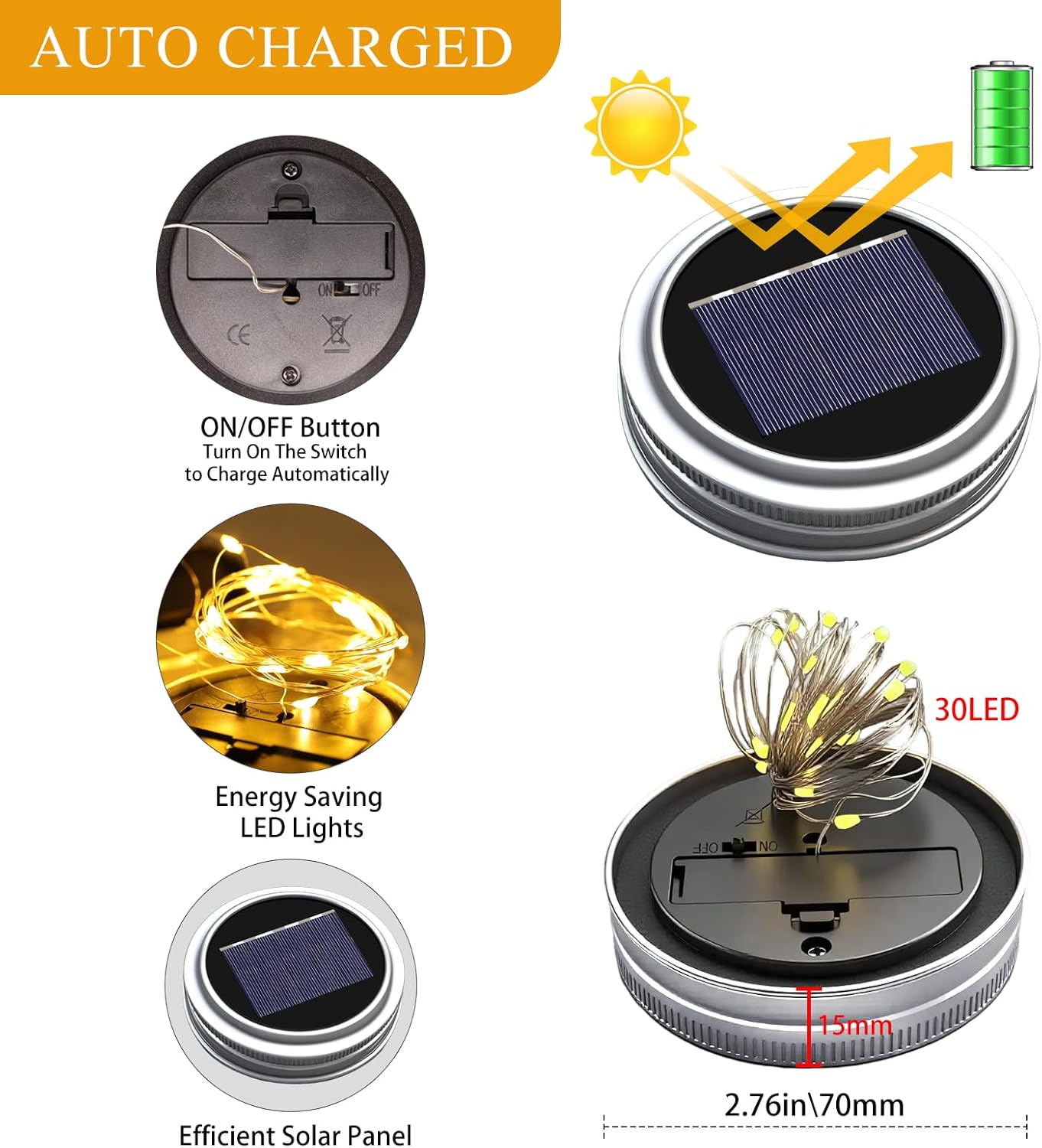 ZNYCYE Mason Jar Solar Lights for Outside, 12 Pack 30 LED Fairy Firefly Lights Mason Jar Solar Lids Outdoor Waterproof String Lights with Hangers(NO JARS) for Patio Garden Yard Lawn Decor - Warm White