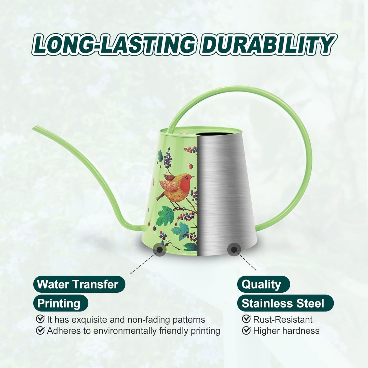 Berry&Bird House Plants Watering Can - Indoor & Outdoor 1/2 Gallon Stainless Steel Water Can with Long Spout Garden Decoration for Flower Bonsai Succulent Gardening Large Watwer Bottle(2L/Robin)