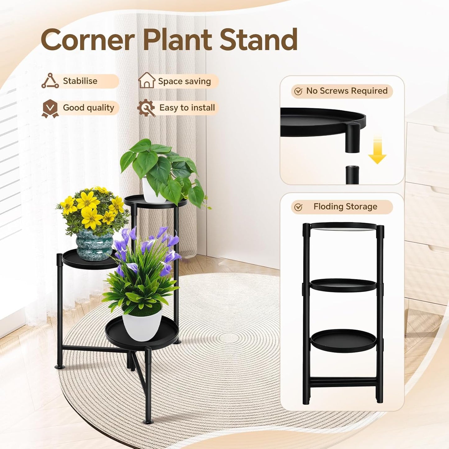 3 Tier Plant Stand Indoor, Metal Plant Shelf Outdoor, Foldable Corner Tall Plant Rack for Multiple Plants, Flower Pot Holder Display Stand for Living Room Patio Home Decor for Gardening