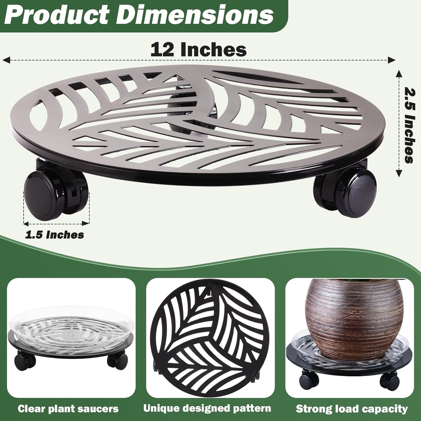 3 Packs Large Metal Plant Caddy with 3 PU Wheels 12" Heavy-duty Wrought Iron Rolling Plant Stands Indoor Outdoor Wheeled Plant Dolly Planter Mover Rollers Plant Trolley Cart, Plant Saucers Included