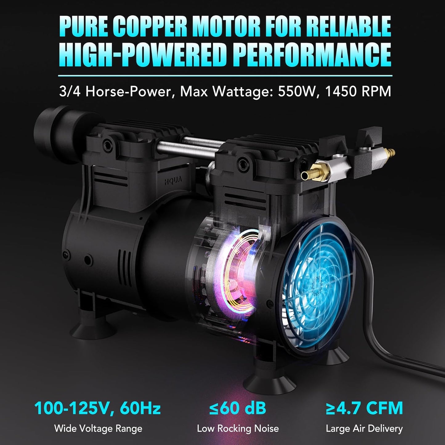 HQUA PAS20 Pond & Lake Aeration System for Up to 3 Acre, 3/4 HP Compressor + Two 100' Weighted Tubing + 2 Diffusers