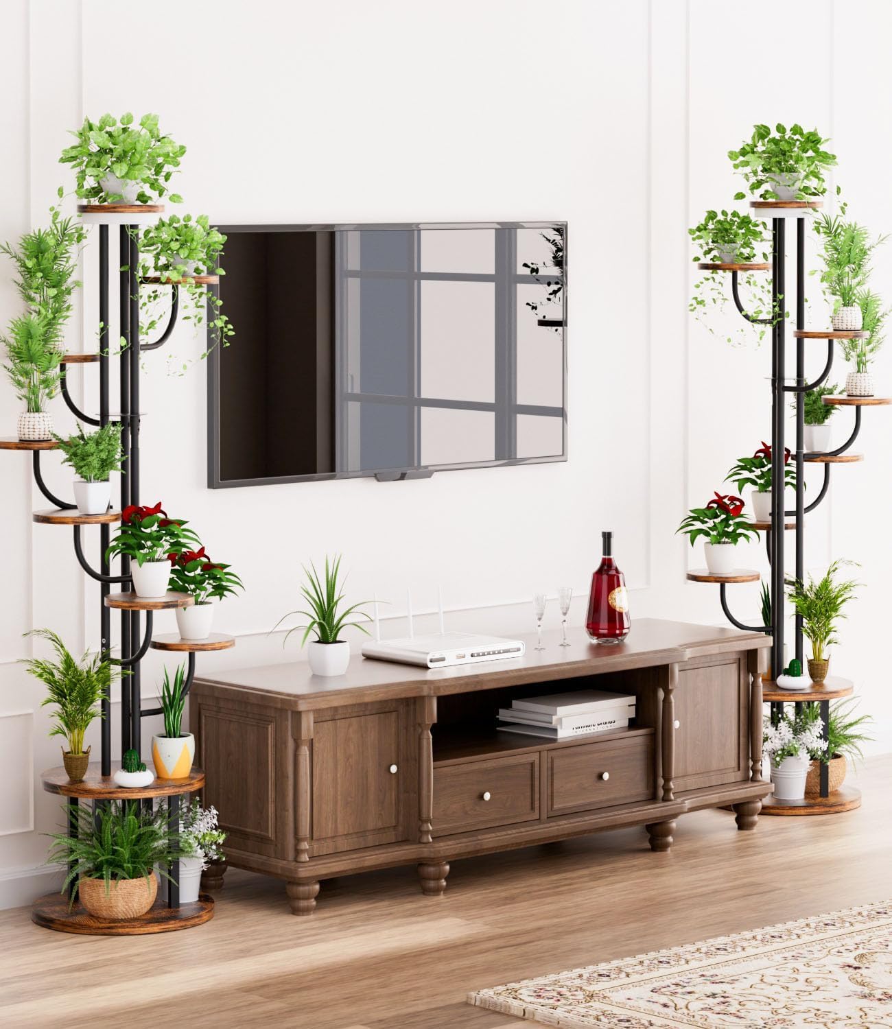 64" Tall Indoor Plant Stand with Grow Light, 9 Tier Metal Rotating Plant Shelf, Adjustable Tree-Shaped Plant Display Rack for Living Room, Bedroom, Office, Balcony