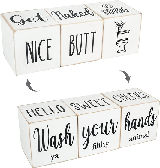 Funny Farmhouse Bathroom Decor and Accessories for Shelf, 4-Sided Wooden Blocks - Nice Butt&Get Naked&Hello Sweet Cheeks&Wash Your Hands Sign, Modern Rustic Restroom Decorations, White 2.8"