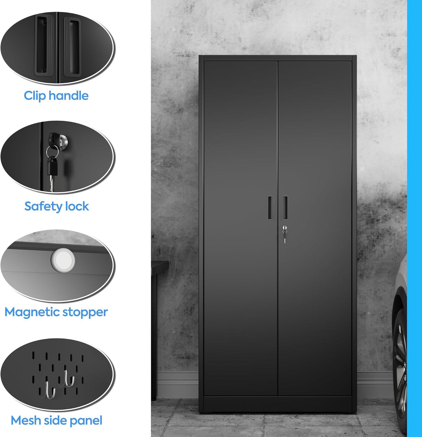 33.93 in Wide Garage Storage Cabinet, Metal Storage Cabinet with Pegboards and 4 Adjustable Shelves, Garage Storage System with Lockable Door for Offices, Gyms and Pantries, Black