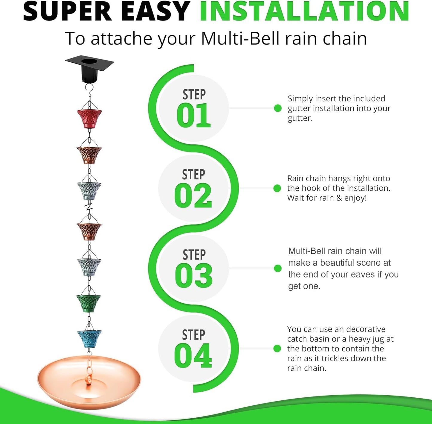 3FT Multicolor Bell Rain Chains for Gutter and Rain Barrel | Rust-Resistant Plated Garden Décor Rain Chain for Downspout | Rain Chain Extension 3 Ft (no Adapter)