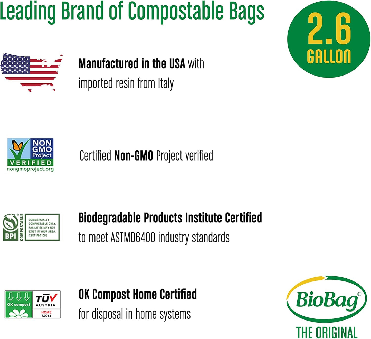 2.6 Gallon Compostable Food Scrap Bags by BioBag, 100 Count, BPI Certified, Meets ASTM D6400 Standards, Made in USA, Kitchen Counter Bin Liners
