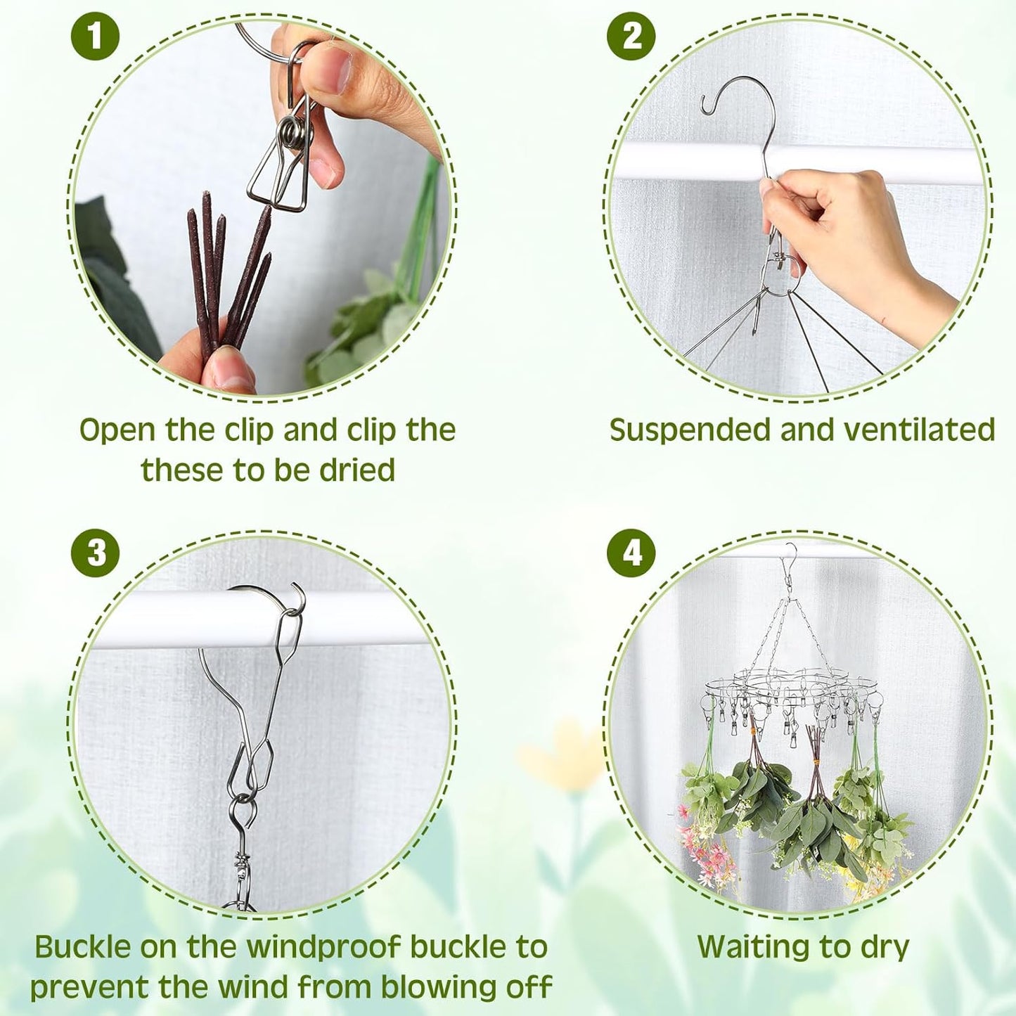 Bokon 4 Pcs Hanging Drying Rack for Herb Macrame Flower with Stainless Clip Dryer Hook for Drying Herb Air Plants Spices Flower Hydroponic Plant Ready to Use with Ceiling Hook(Plum Shape)
