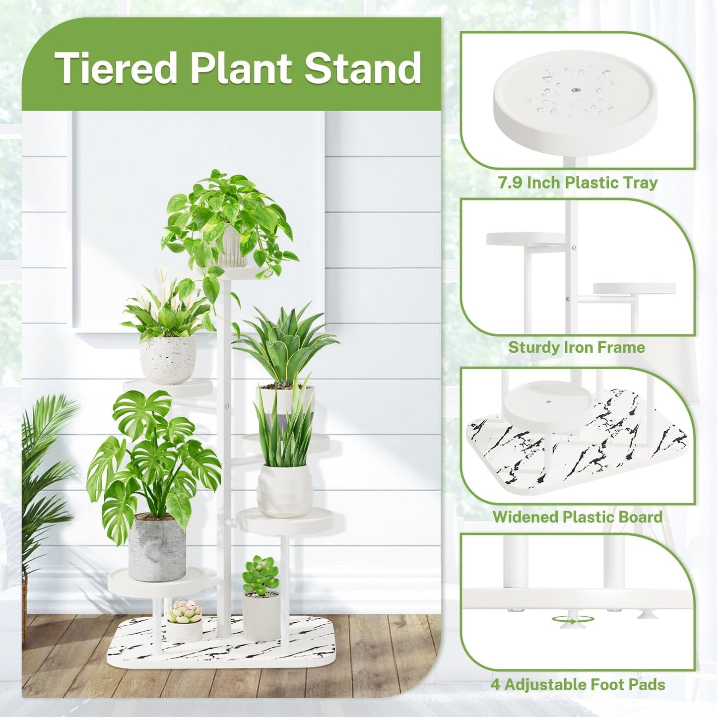 iDavosic.ly 5 Tier Plant Stand Indoor Outdoor, Tiered Corner Plant Stands for Multiple Plants, Metal Plastic Tall Plant Display Holder Flower Shelf for Patio Living Room Garden Balcony Bedroom, White