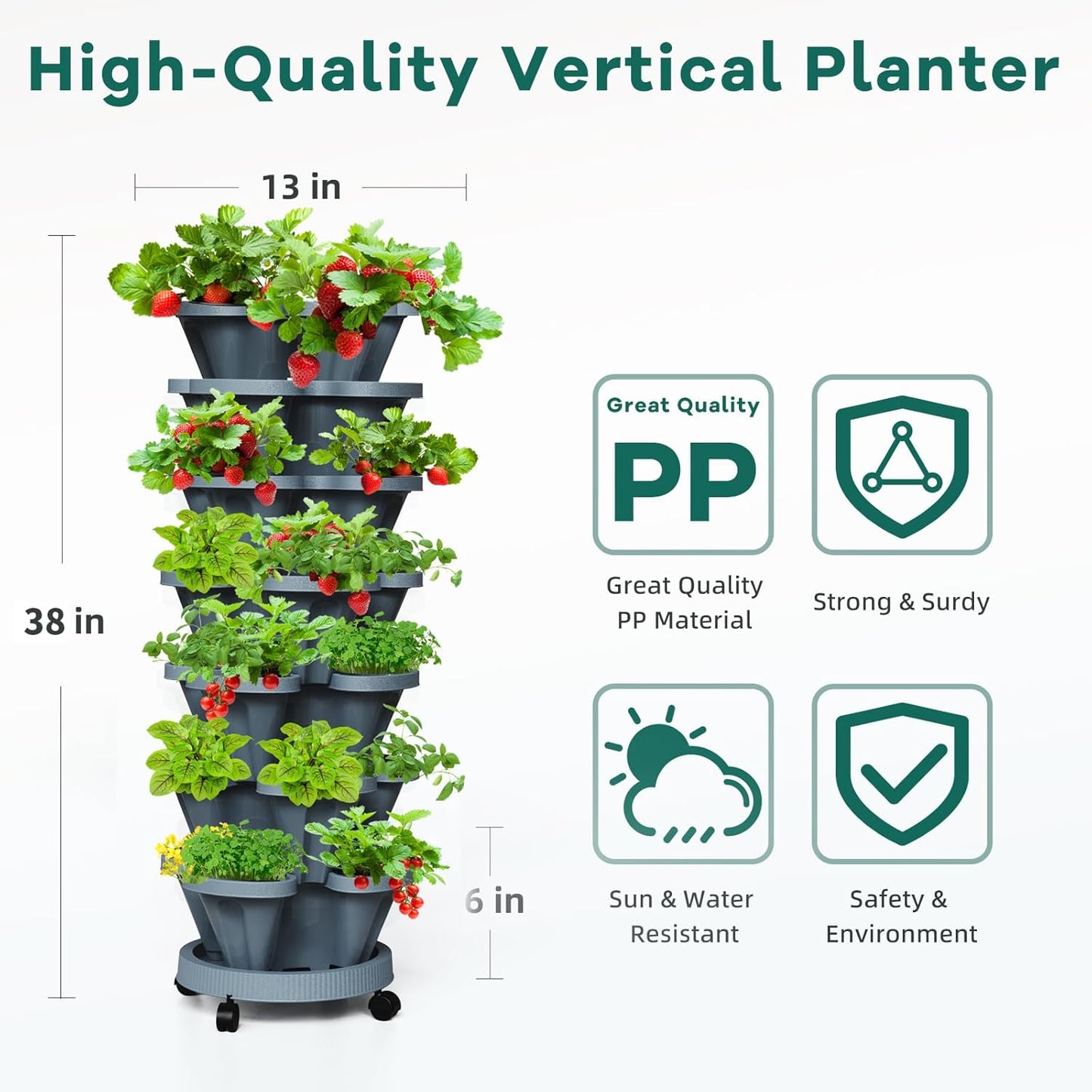 7 Tiered Strawberry Vertical Planter Tower Garden 3 Pack, Stackable Planter Herb Garden Planter with Movable Casters and Bottom Saucer Indoor and Outdoor - Dark Grey