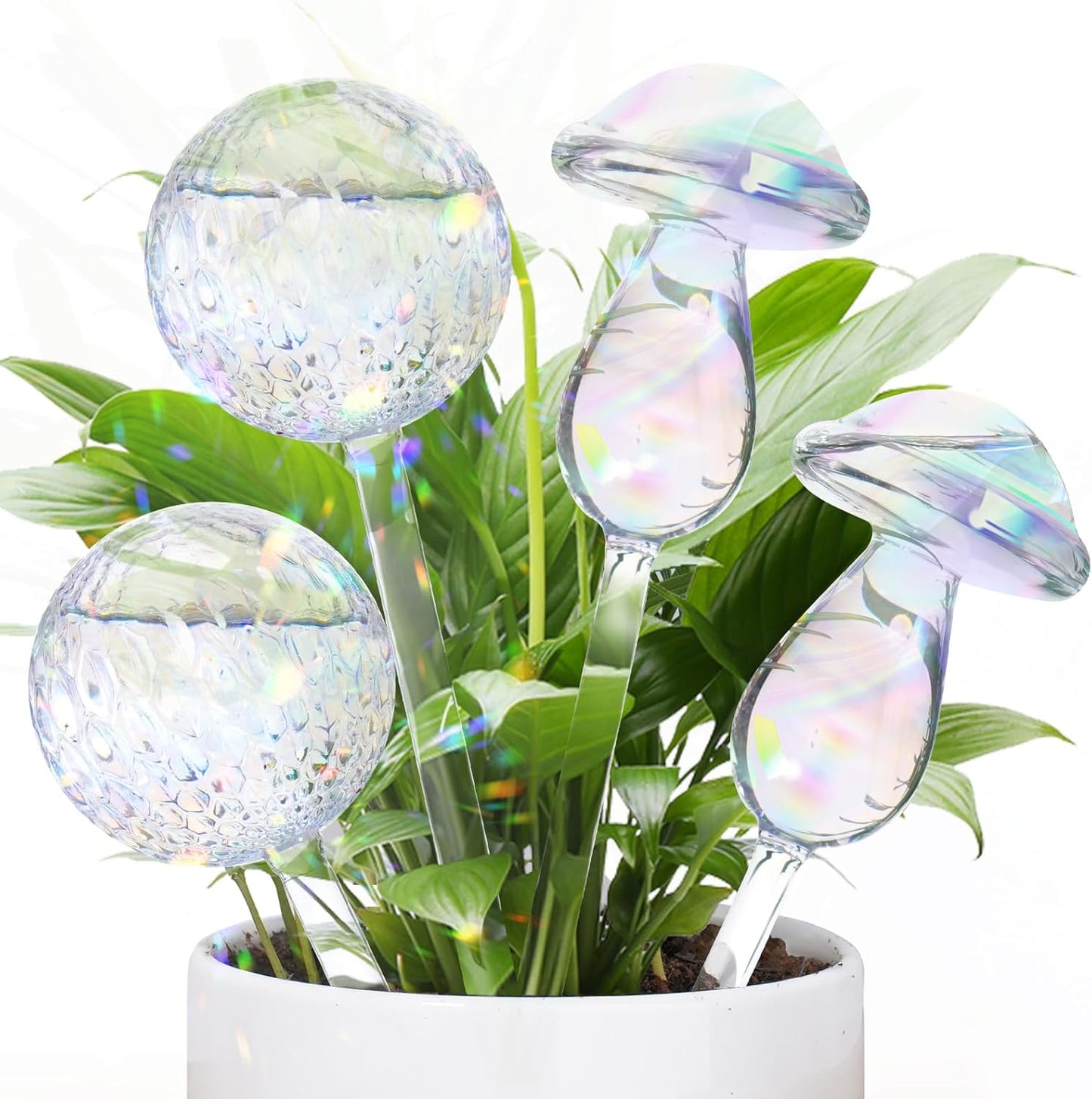 FLORA GUARD Plant Watering Globes, 4-PCS Glass Self Watering Planter Insert, Mushroom Rhombus Patterned Water Globes, Automatic Plant Waterer Bulbs Devices