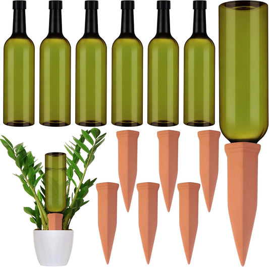 6 Sets Plant Watering Devices Include Terracotta Self Watering Spikes and 26 oz Plastic Bottles, Slow Release Vacation Insert Automatic Plant Waterer Device (Green and Terracotta)