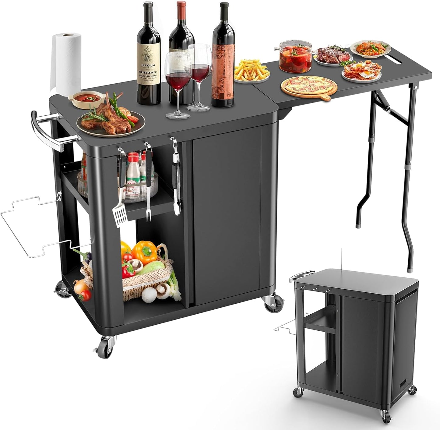 Outdoor Grill Table Cart 57"x24"x35", Outdoor Kitchen Island with Storage & Large Tabletop for Blackstone Griddle, Ooni Pizza Oven, Ninja Woodfire Grill, BBQ Station, Dining Cart, Rolling BBQ Table