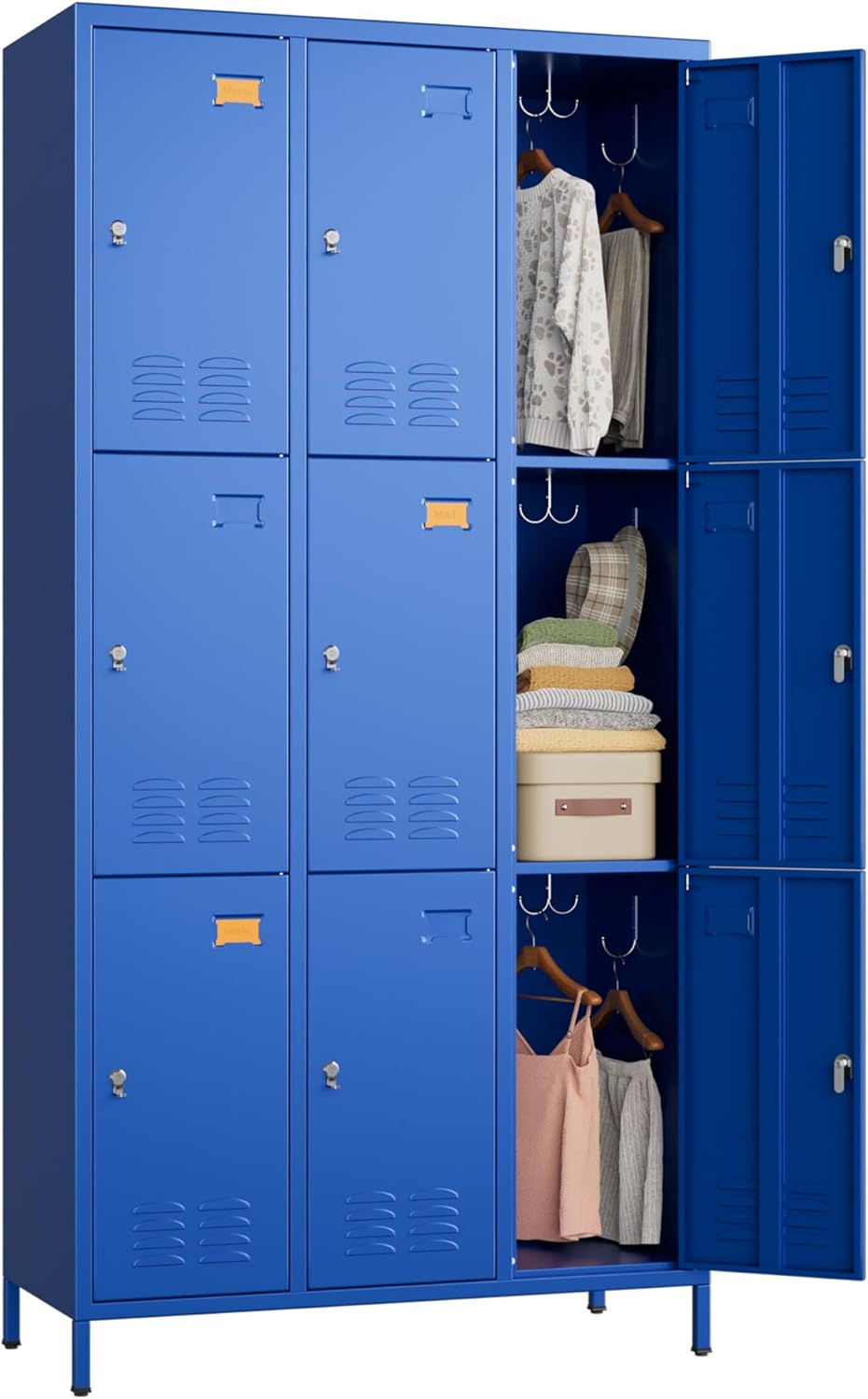 9 Doors Metal Lockers for Employees with 27 Hooks, Storage Locker with Business Card Holder for Office Gym School Bedroom, Assembly Required, Blue