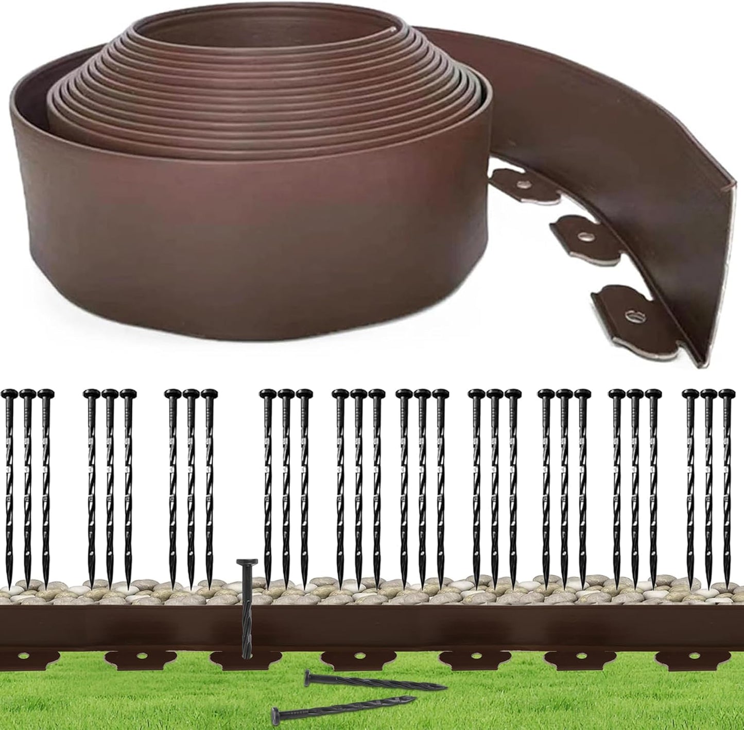 Garden Edging Kit Flexible Lawn Edging, Landscape Edging Border 33 FT with 30 Spikes, 4" Tall No Dig Garden Edging Roll for Landscaping Flower Beds Yard Pathway (4IN x 33FT, Brown)