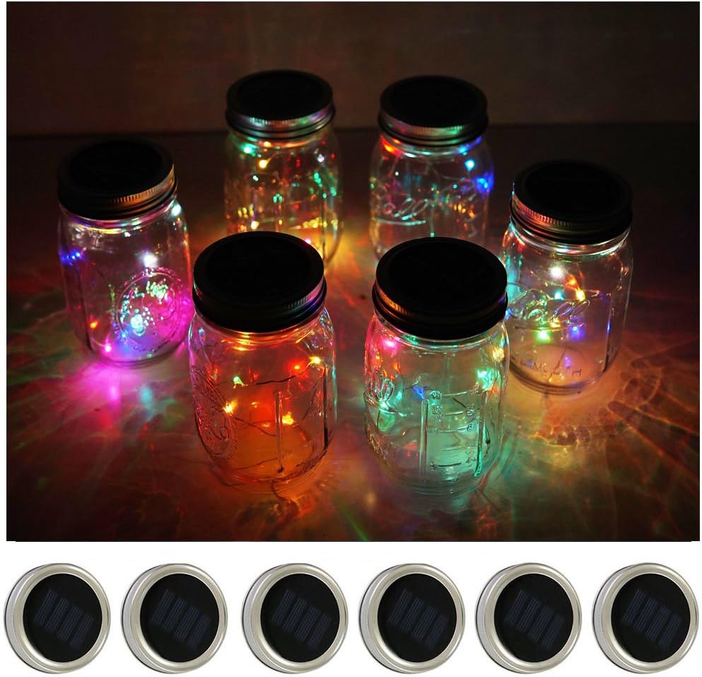 Decorman Solar Mason Jar Lid Lights, 6 Pack 10 LED Waterproof String Fairy Star Firefly Jar Lids Lights for Patio Garden Yard Lawn Party Wedding Christmas Decoration(Jars & Hangers Not Included)