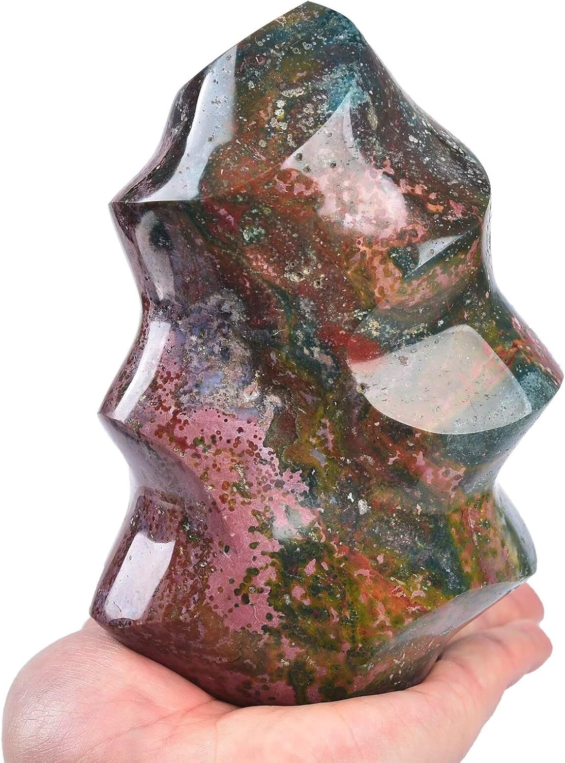 AMOYSTONE Ocean Jasper Flame Shaped Stone Towers Obelisk Natural Healing Crystal Quartz Reiki Energy Decoration Home Office Decor 2.8-3.3LBS
