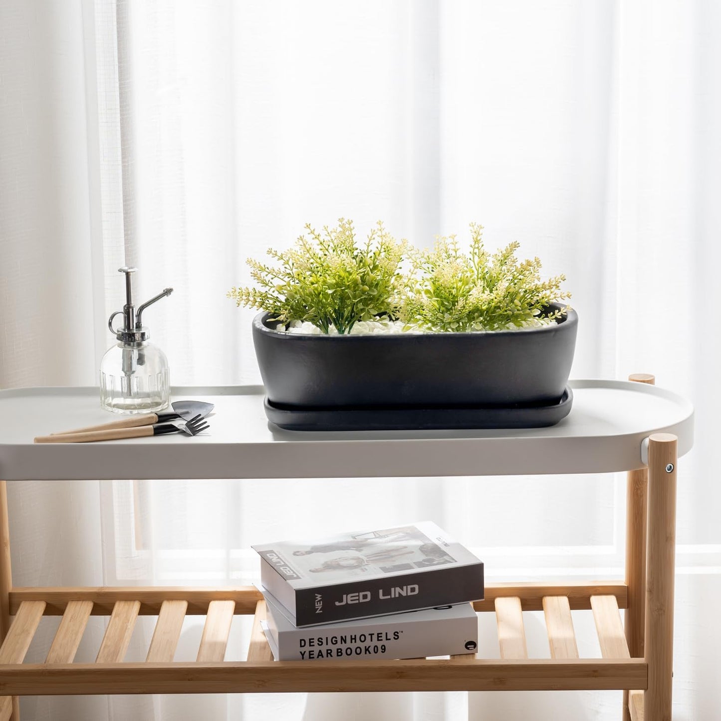 MyGift 14 Inch Oval Modern Matte Black Ceramic Succulent Planter Pot with Drainage Hole and Removable Saucer, Decorative Indoor House Plant Container for Flowers, Cactus, Herbs