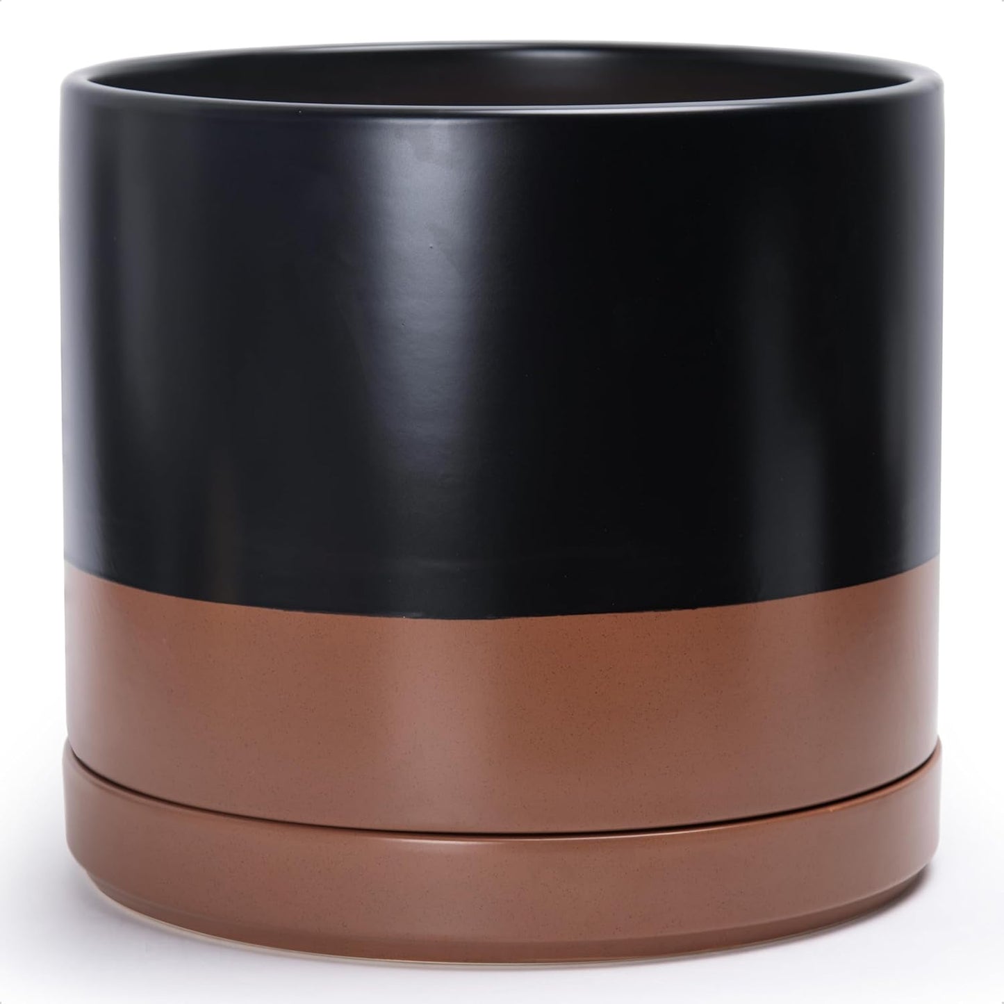 D'vine Dev 14 Inch Ceramic Planter Pot with Drainage Hole and Saucer, Indoor Cylinder Round Planter Pot, Black/Speckled Tan, 94-O-G-7