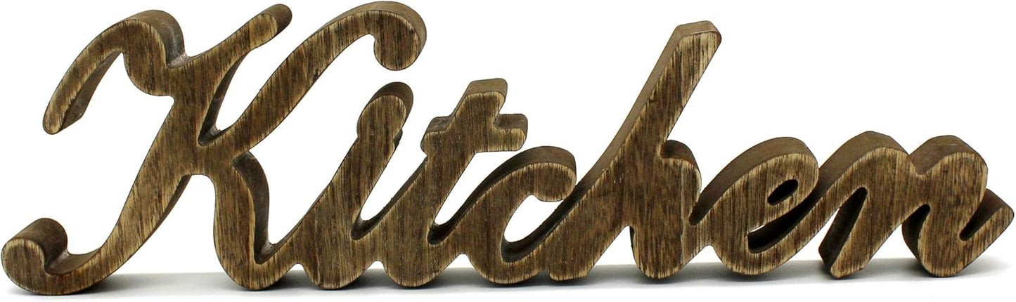 CVHOMEDECO. Rustic Vintage Distressed Wooden Words Sign Free Standing "Kitchen" Desk/Table/Shelf/Door/Home Wall Decoration Art, 15-1/2 x 4-1/4 x 1 Inch