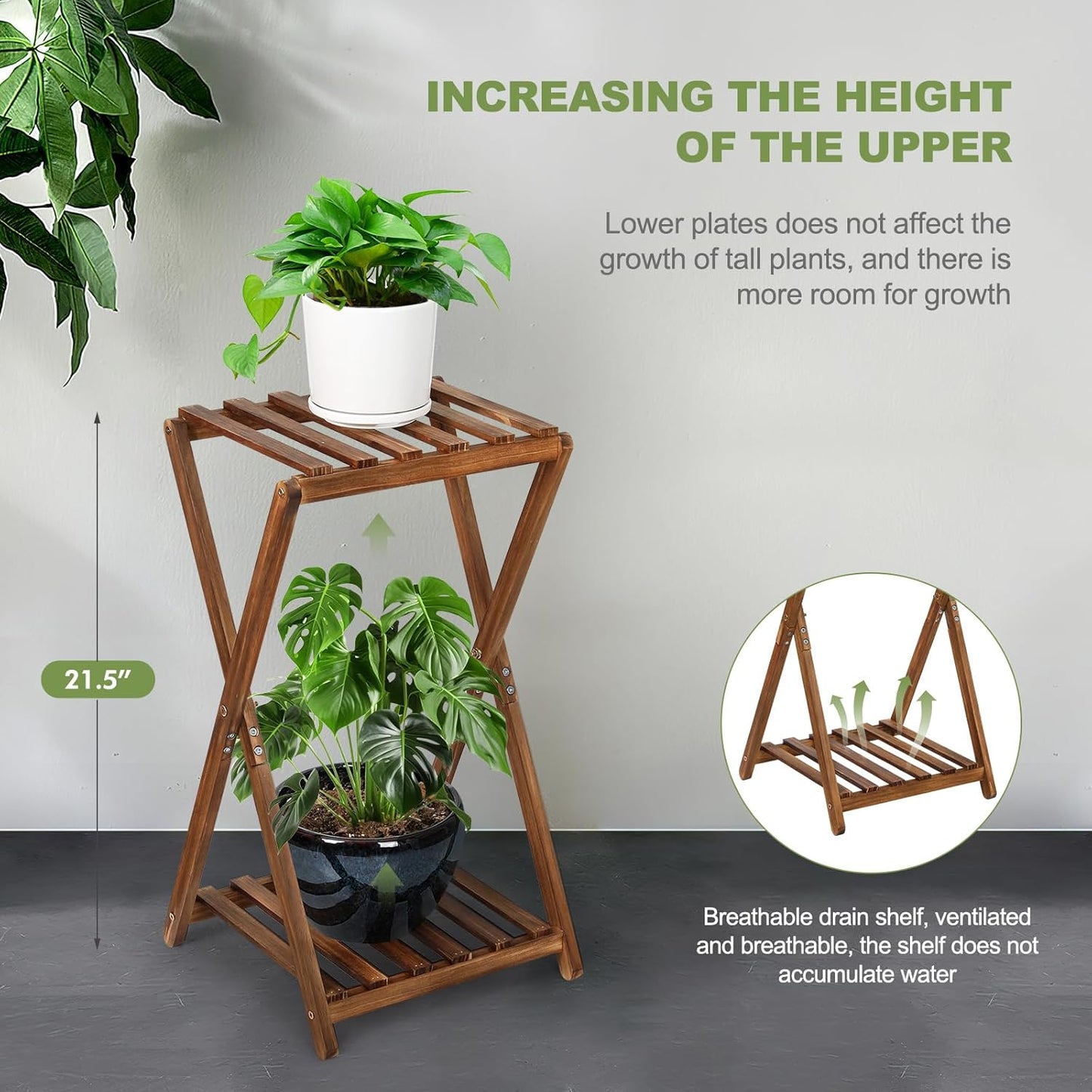 Plant Stand Indoor,Wooden 2 Tier Plant Stands,Corner Square Plant Shelf,Rustic Flower Stand Tall Plant Holder for Living Room Bedroom Balcony Office