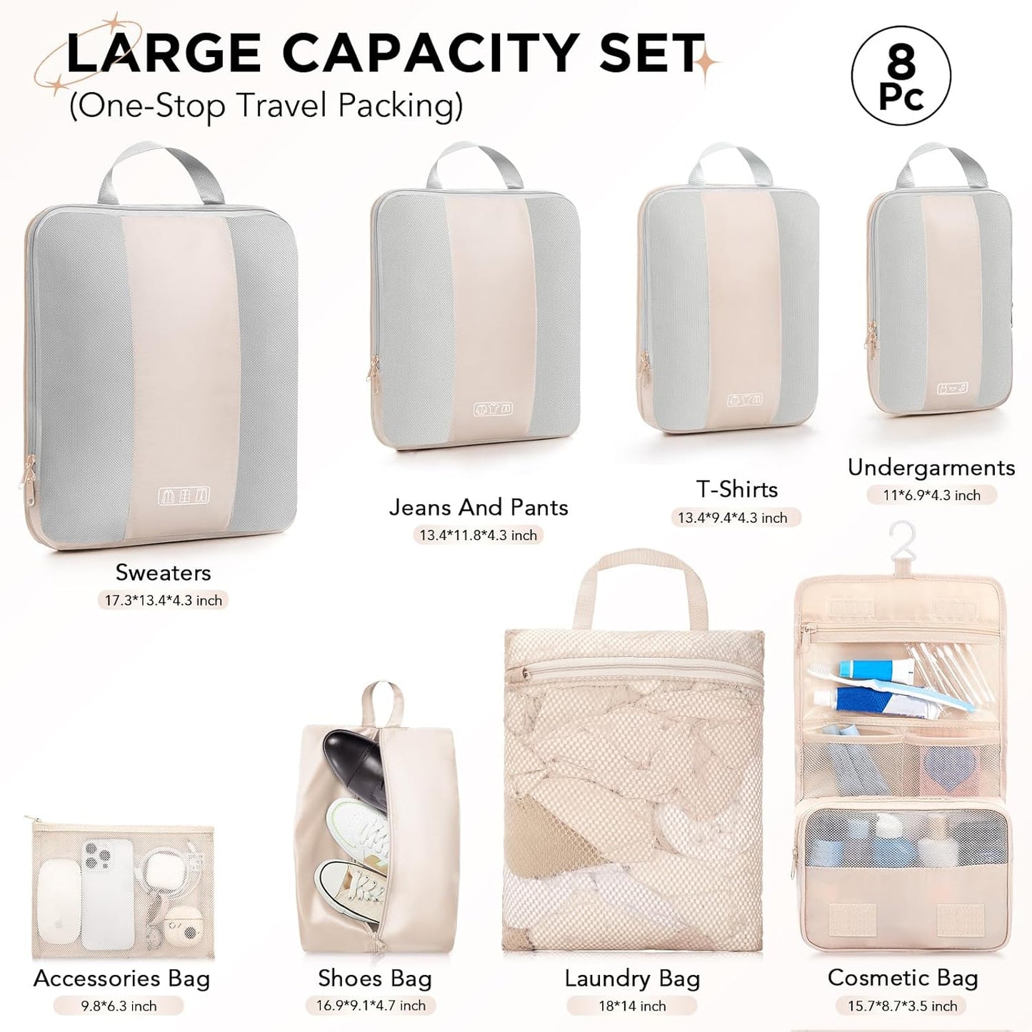 8 Set Compression Packing Cubes for Travel Essentials,Compressible Expandable Packing Cubes for Suitcase,OlarHike Luggage Organizer Bags for Travel,Handy Helper for Organizing Clothes(Beige)