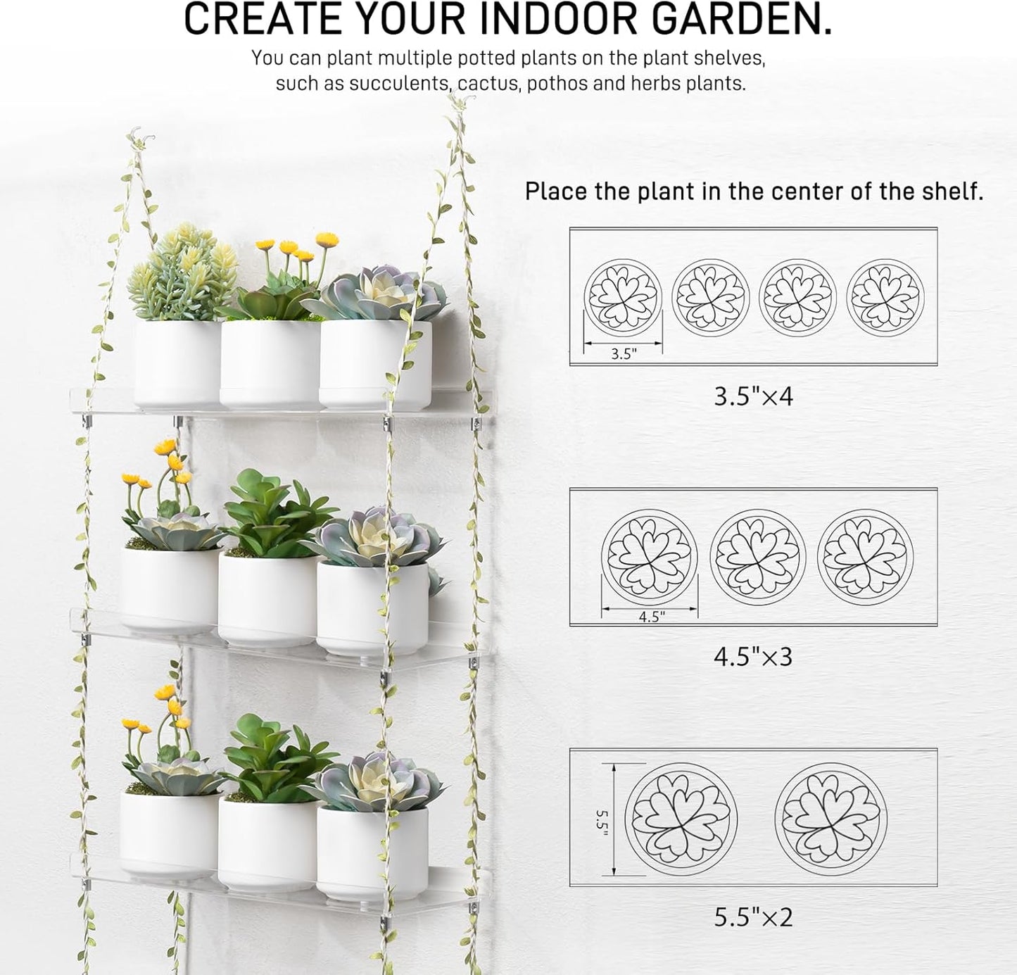 Sumerflos Acrylic Window Boxes Plant Shelves 3 Tier - Clear Hanging Shelf Indoor Jute Twine Adjustable Plant Holder for Window Wall Living Room Balcony Natural