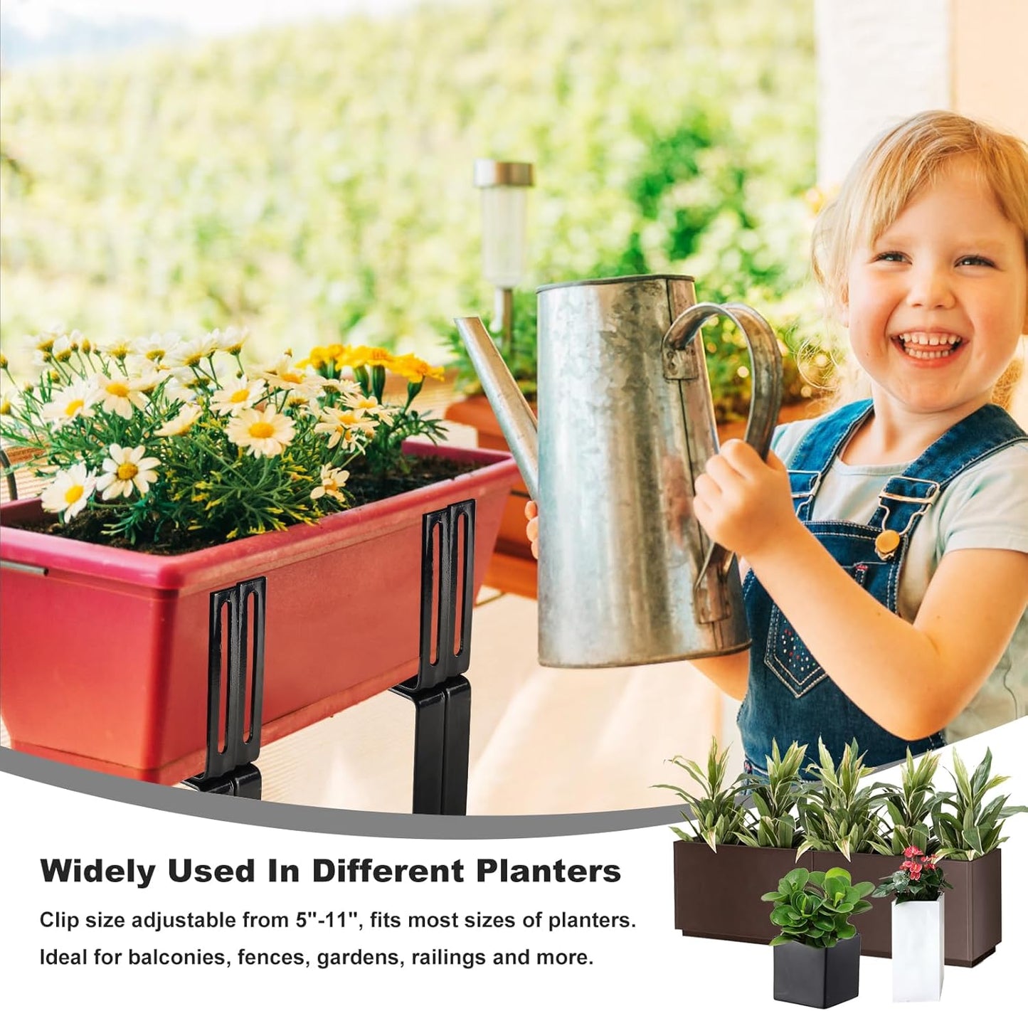 Deck Railing Planter Stand, Retractable Balcony Plant Holder for Window Box Planter, Handmade Steel Rectangular Flower Box Clip for Windowsill, Garden, Patio Fence, Front Porch