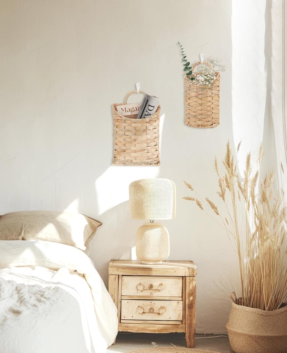 AceList Woven Hanging Basket for Front Door Set of 2, Handmade Water Hyacinth Hanging Wall Basket, Natural Wicker Storage Bins with Handles, Decorative Boho Organizer for Home Farmhouse Decor