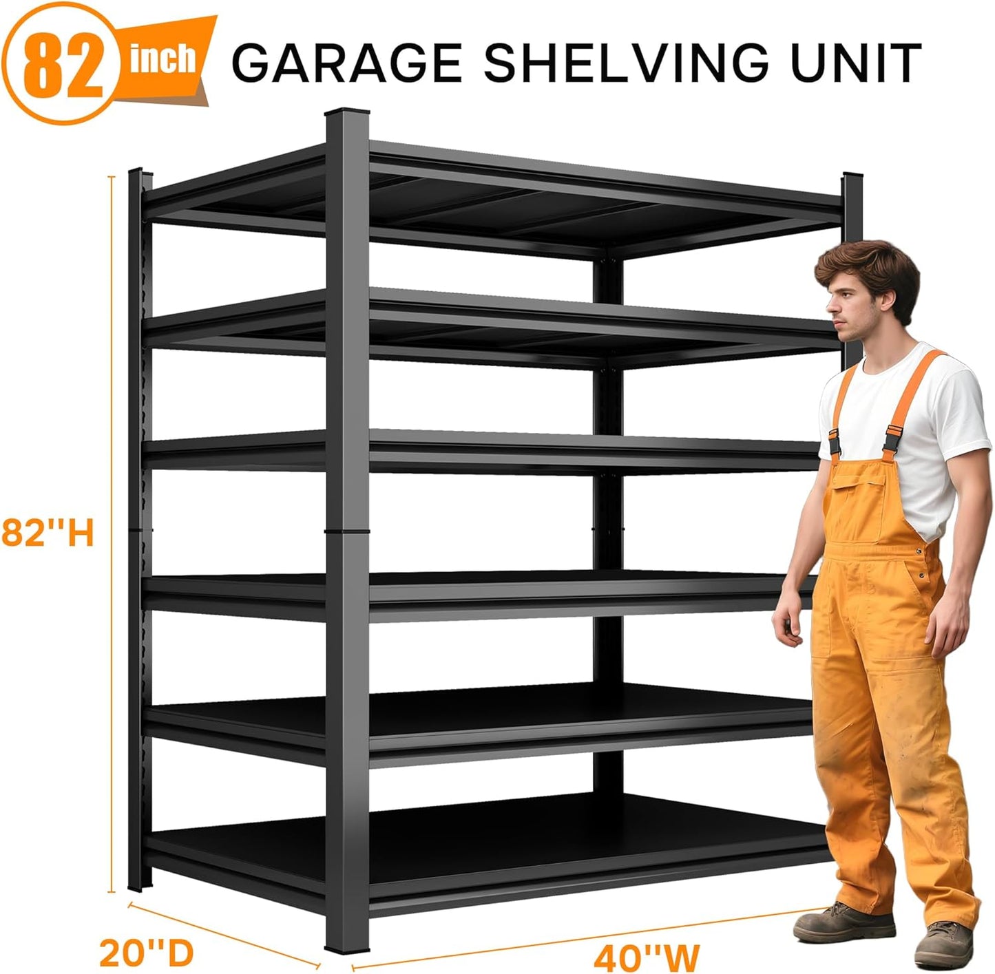 82''H Garage Shelving Heavy Duty Garage Storage Shelves, 3600 LBS Adjustable 6 Tier Industrial Shelving Unit, Metal Utility Shelf for Basement, Warehouse and Workshop (82''Hx40''Wx20''D, Black)
