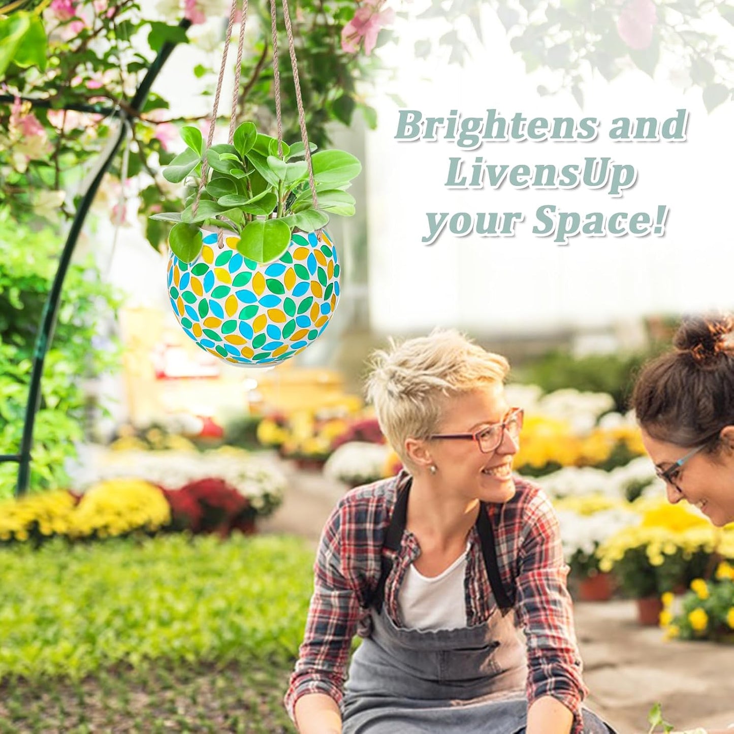 Hanging Planter Mosaic Garden Pot Small Flower Pot for Indoor Plant Disco Ball Hanging Planter with Drainage Green Yellow