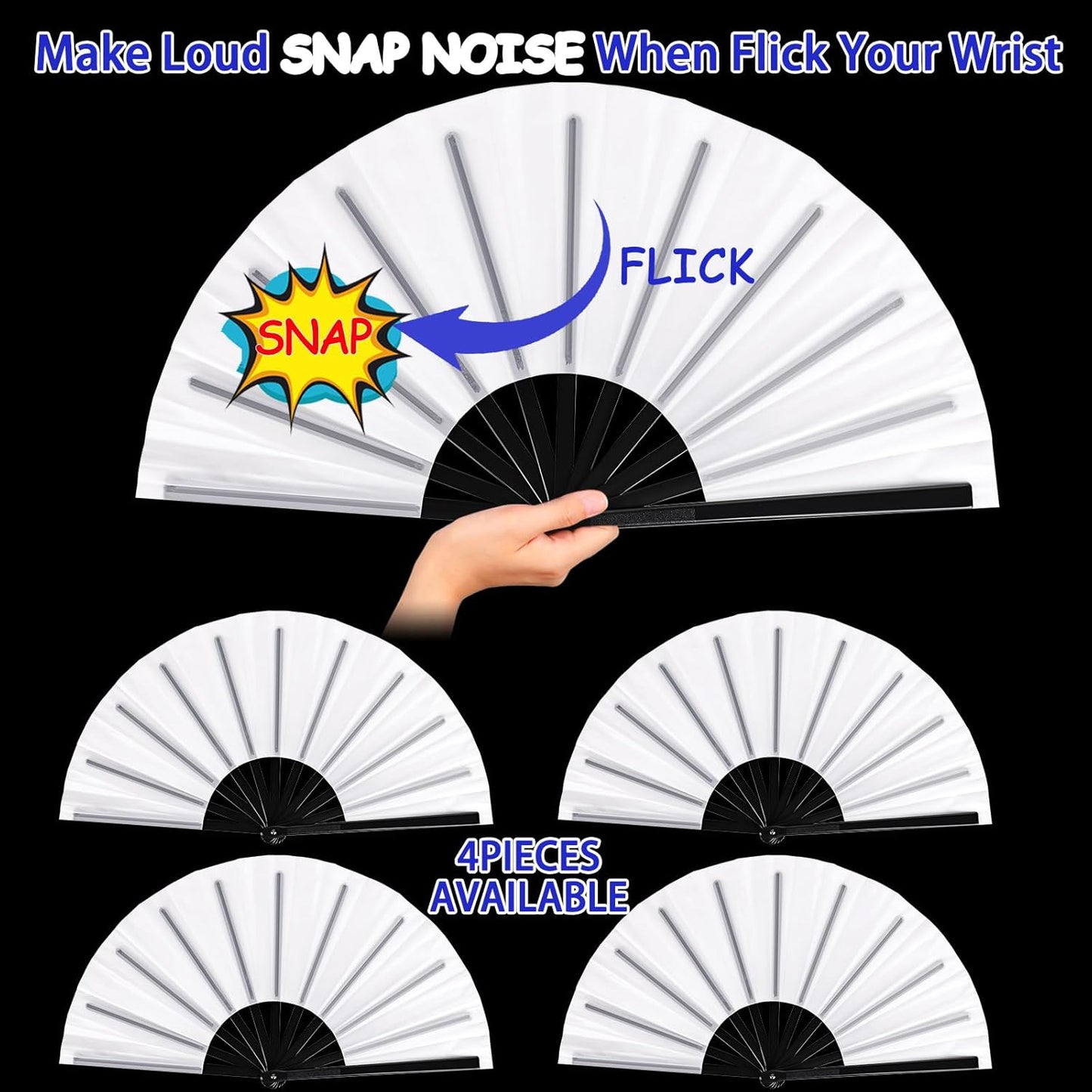 Blulu 4 Pcs 13 Inch Large Folding Hand Fans for Line Dancing Big Clapping Popping Raves Fans Bulk for Dancing Boots on The Ground Festival Party Decoration(Classic Style, White)