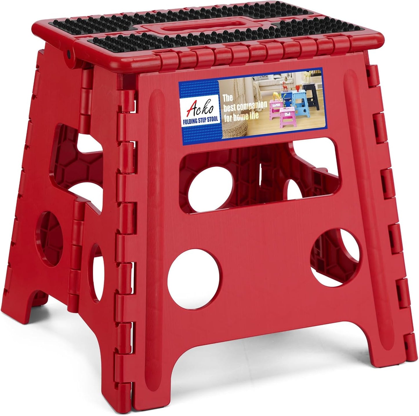 ACKO Folding Step Stool - 13" Height Premium Heavy Duty Foldable Stool for Kids and Adults, Kitchen Garden Bathroom Stepping Stool (1 Pack) Dot Red